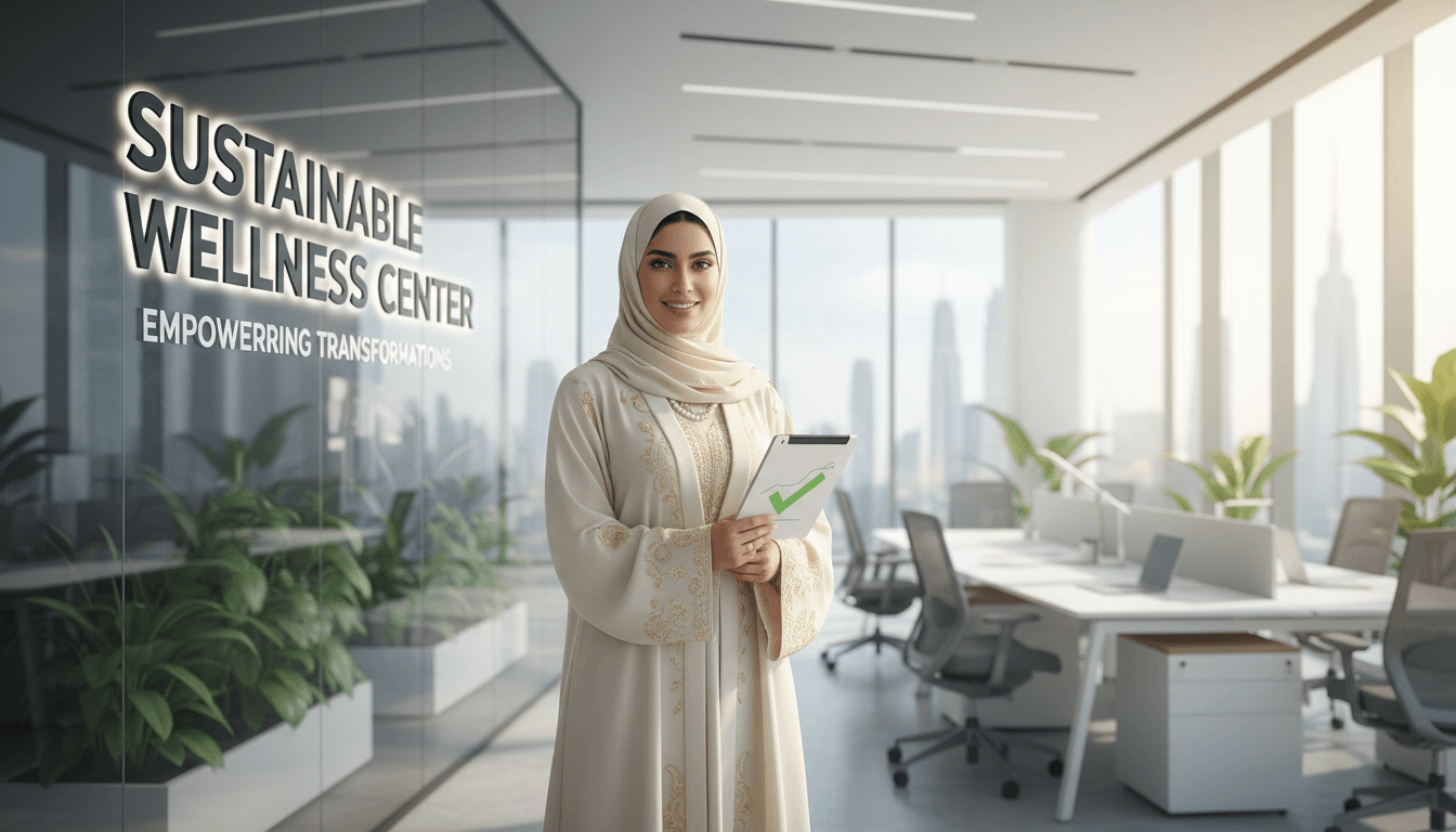 Gulf Arab woman in traditional attire, confident in a modern office setting