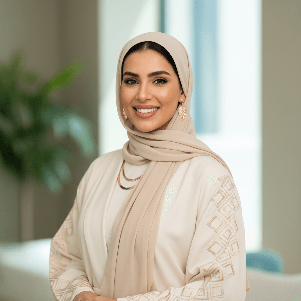 Confident Gulf woman in elegant attire, smiling in a wellness setting