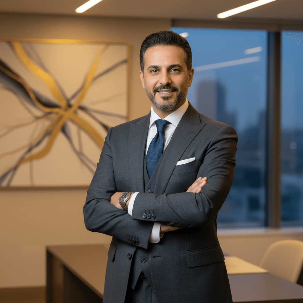 Middle Eastern man in a business suit smiling confidently in an office setting