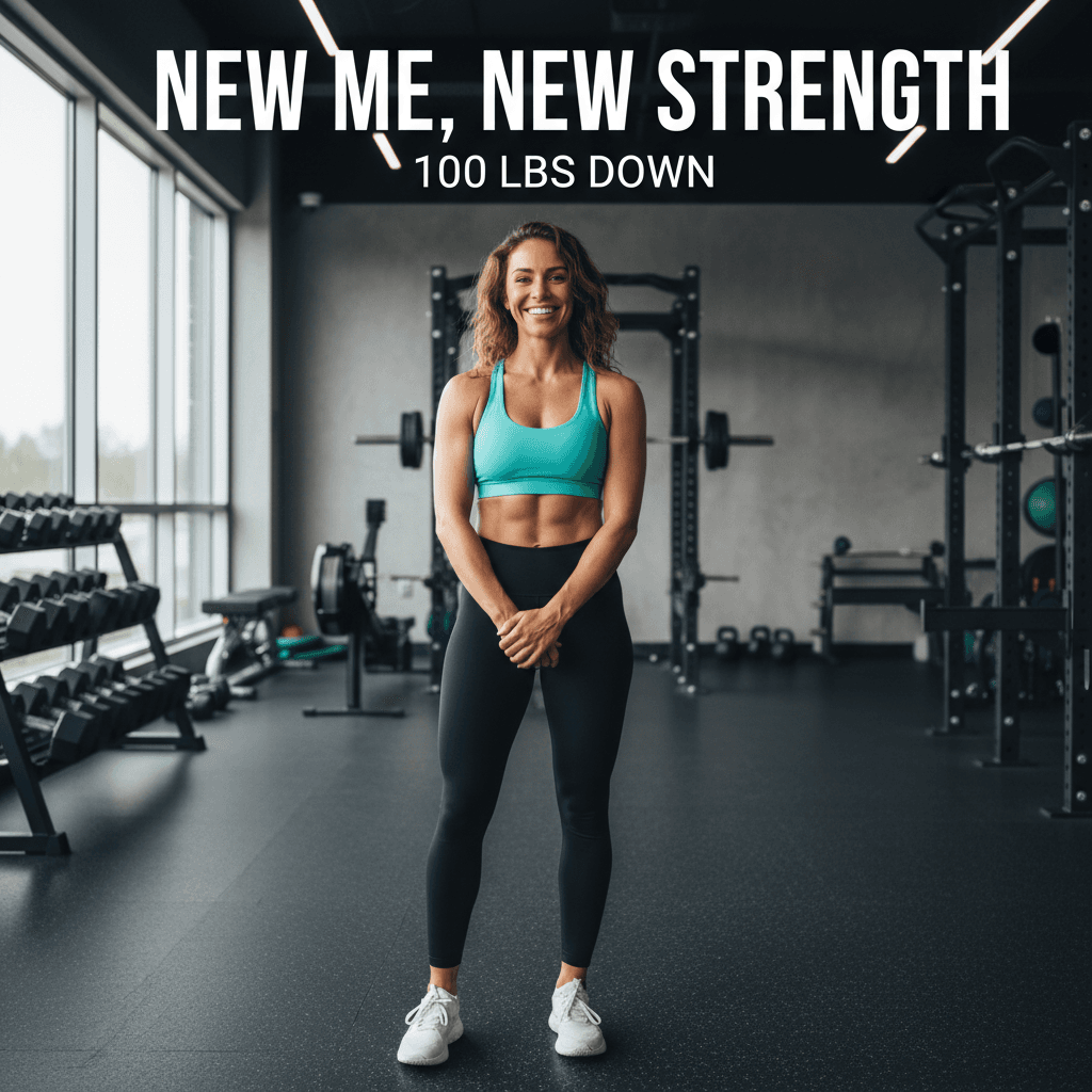 happy woman in fitness studio after successful weight loss transformation with confident smile