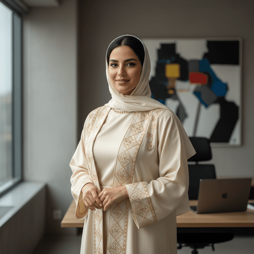 Close-up of ornate embroidered detailing on emerald abaya sleeve, hands adjusting delicate needlework with soft natural lighting