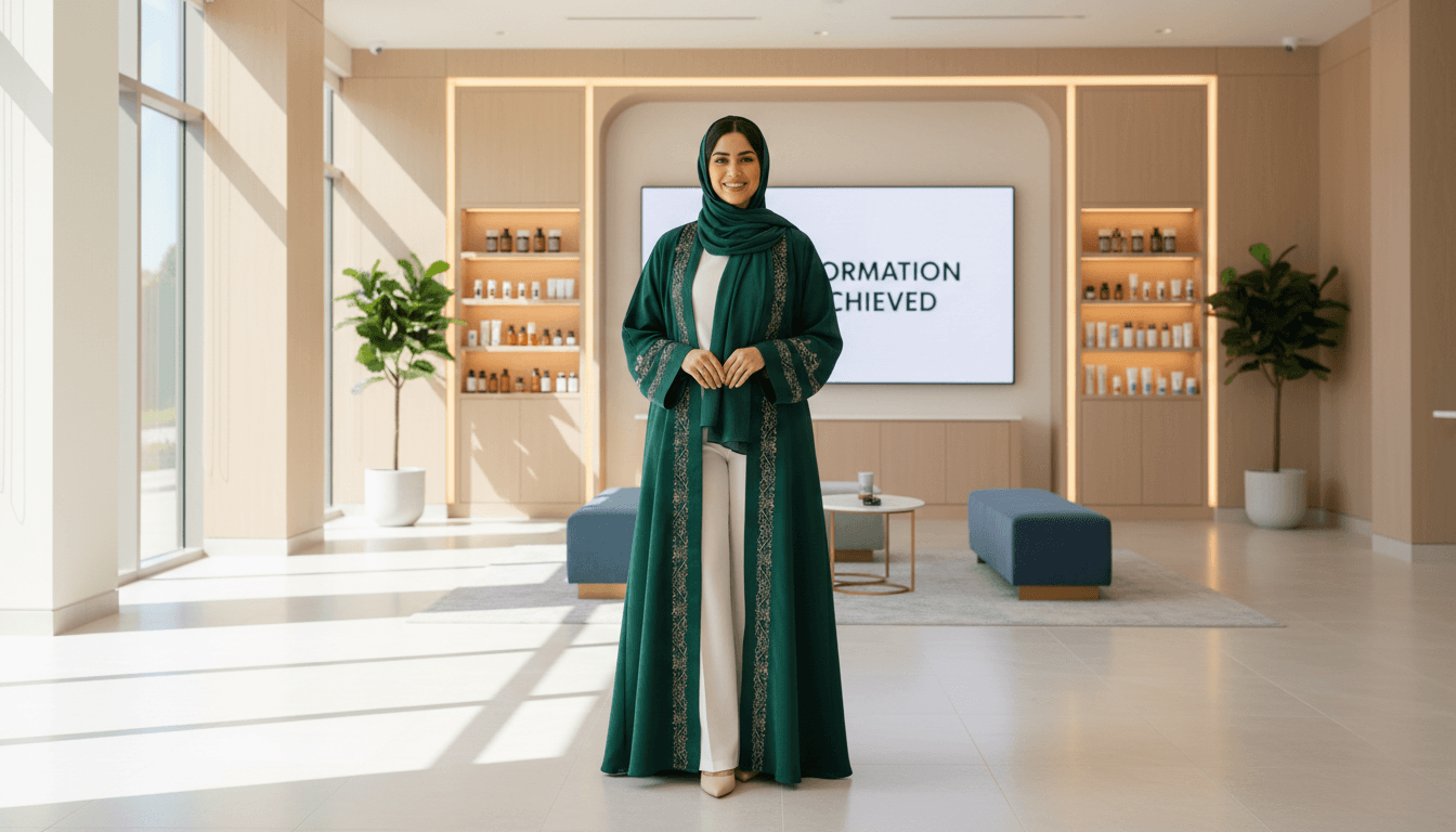 Confident Gulf Arab woman in modern wellness center, wearing elegant attire