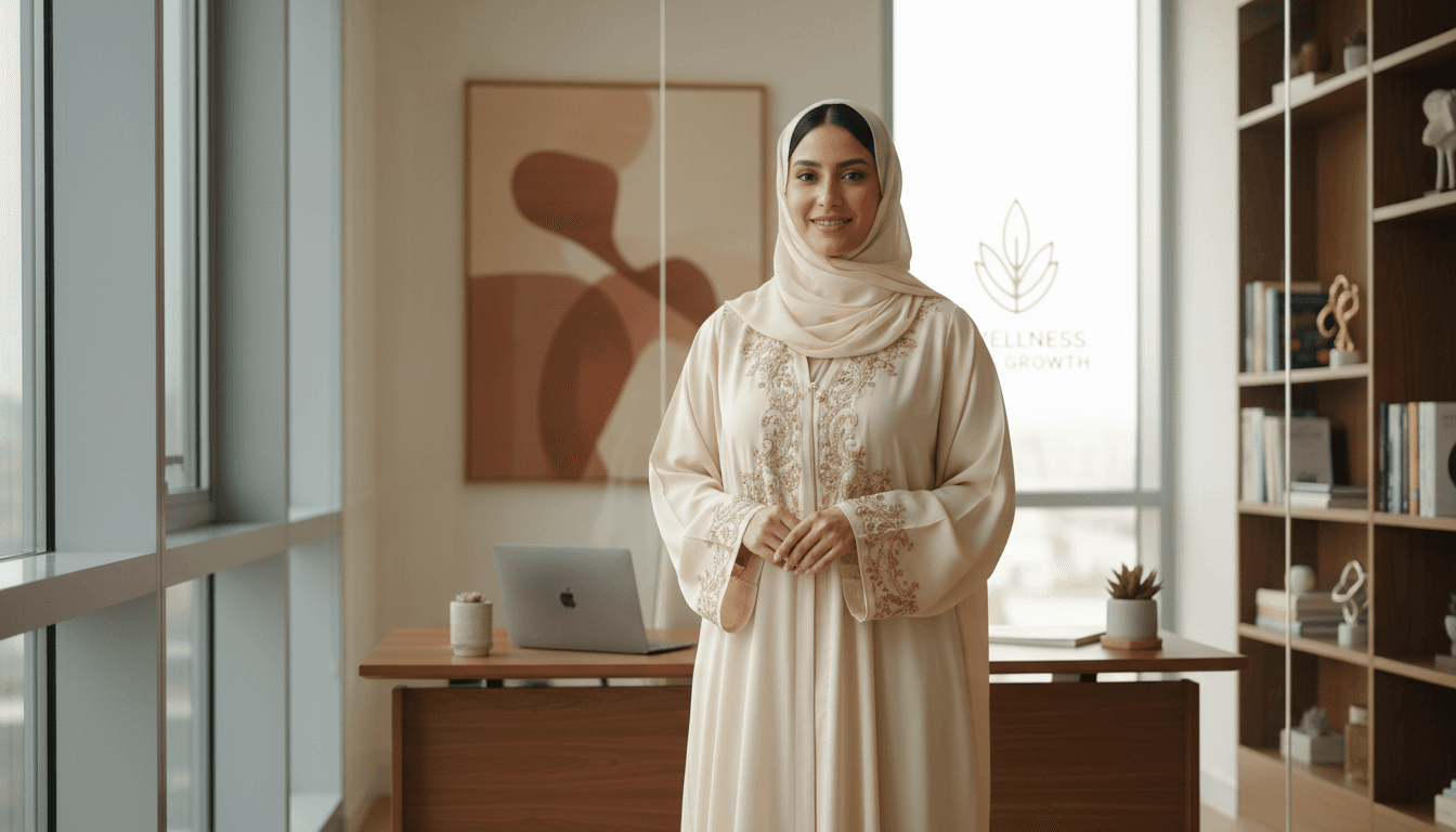 Confident Gulf Arab woman in a modern office, wearing elegant traditional attire