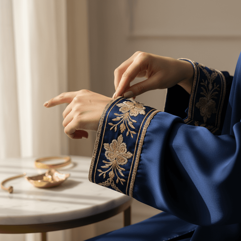 Close-up of ornate embroidered detailing on emerald abaya sleeve, hands adjusting delicate needlework with soft natural lighting