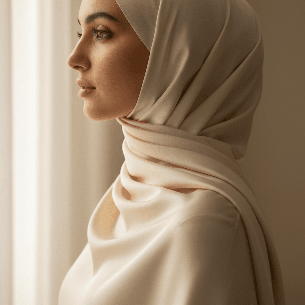 Close-up of woman's profile wearing premium silk hijab, showcasing elegant fabric drape and texture in natural window light