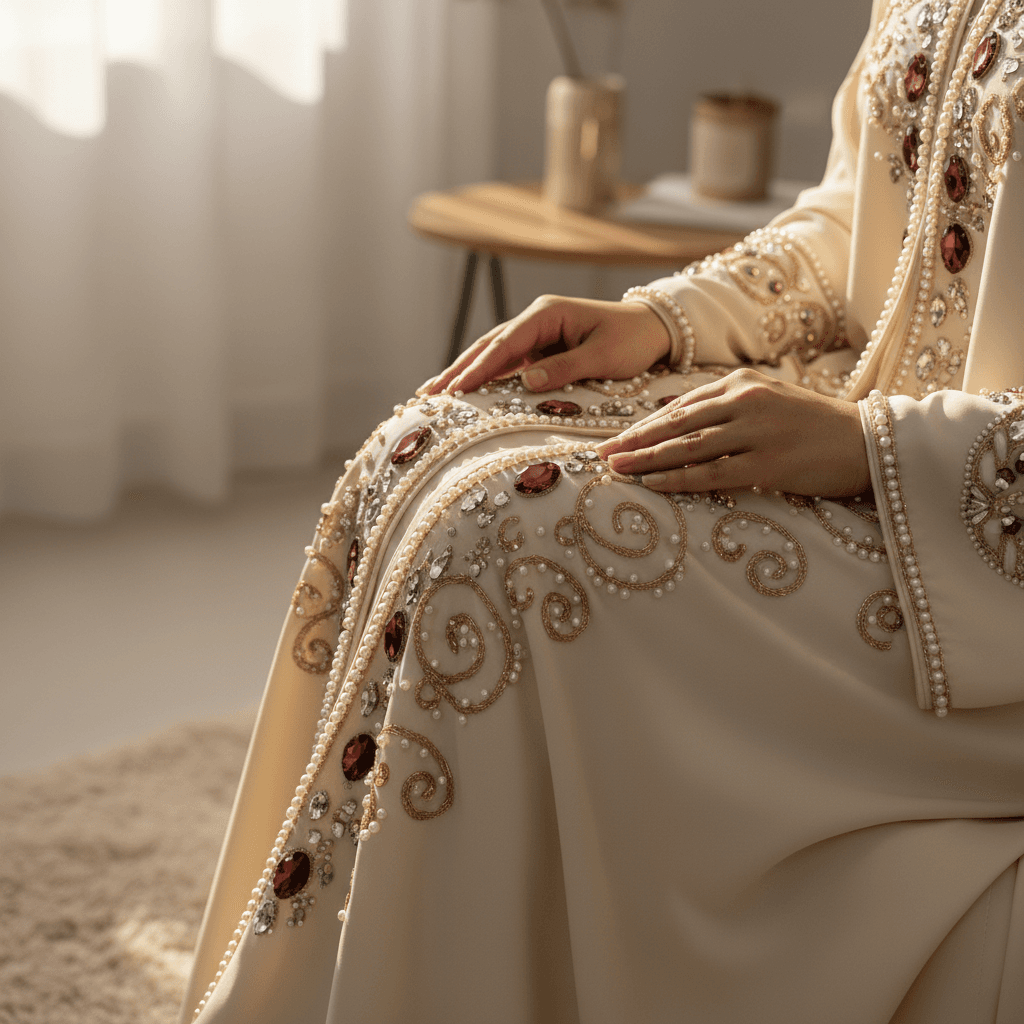 Close-up of intricate pearl and crystal beadwork embellishing premium abaya fabric, showcasing fine craftsmanship and luxury detailing