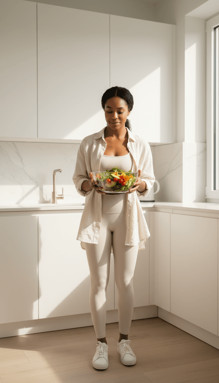 امرأة تستمتع بوجبة صحية متوازنة