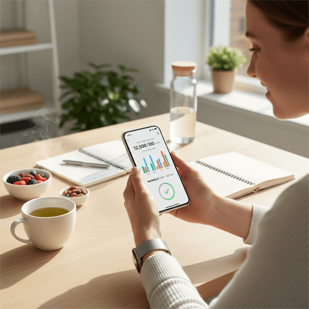 Woman reviewing fitness progress on smartphone at home workspace with wellness tracking visible