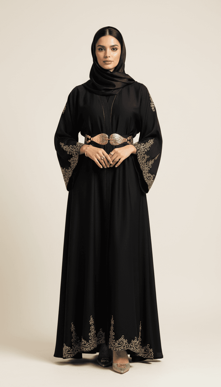 Full-length portrait of woman in elegant embroidered black abaya with matching hijab, gold jewelry, and ornate belt