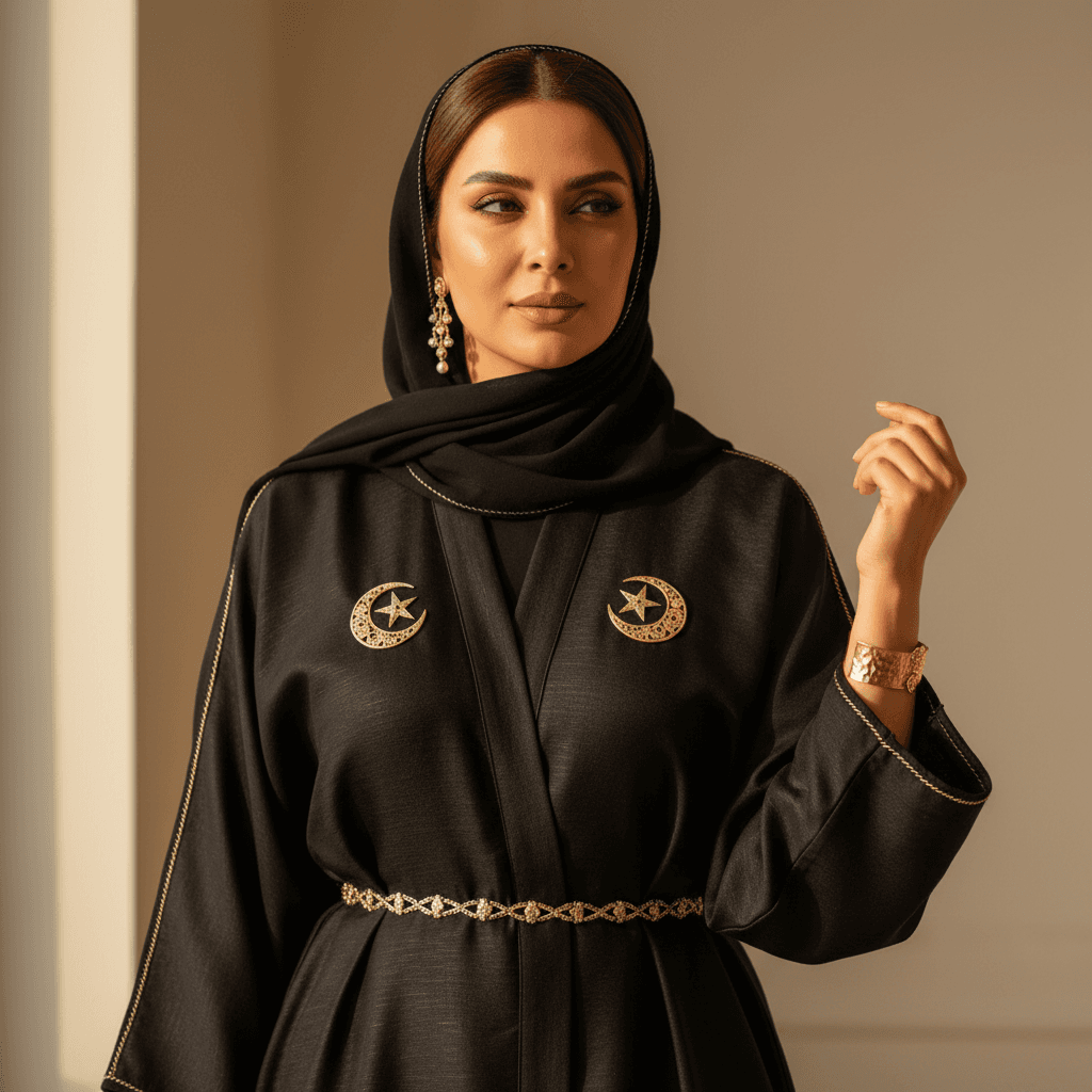 Woman in elegant black abaya with matching hijab, gold belt, and statement jewelry styled against neutral background