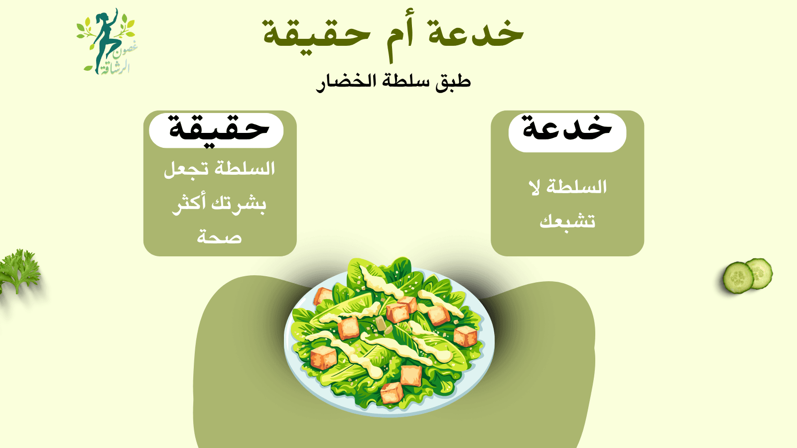 إنفوجرافيك بعنوان خدعة أم حقيقة يوضح فوائد السلطة للبشرة مع طبق سلطة خضراء طازجة.
