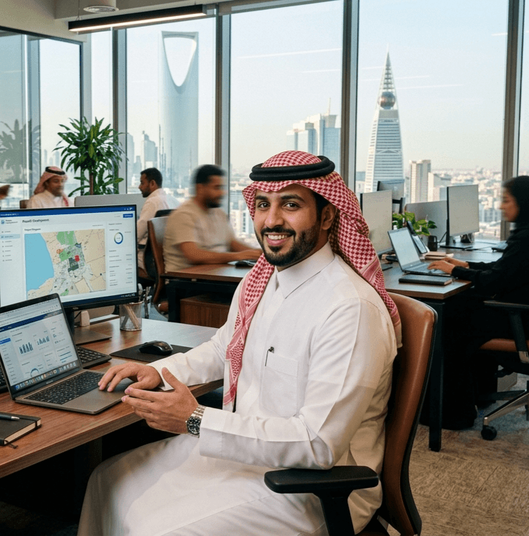 رجل أعمال سعودي مبتسم يرتدي الزي التقليدي يعمل في مكتب حديث يطل على أفق مدينة الرياض.