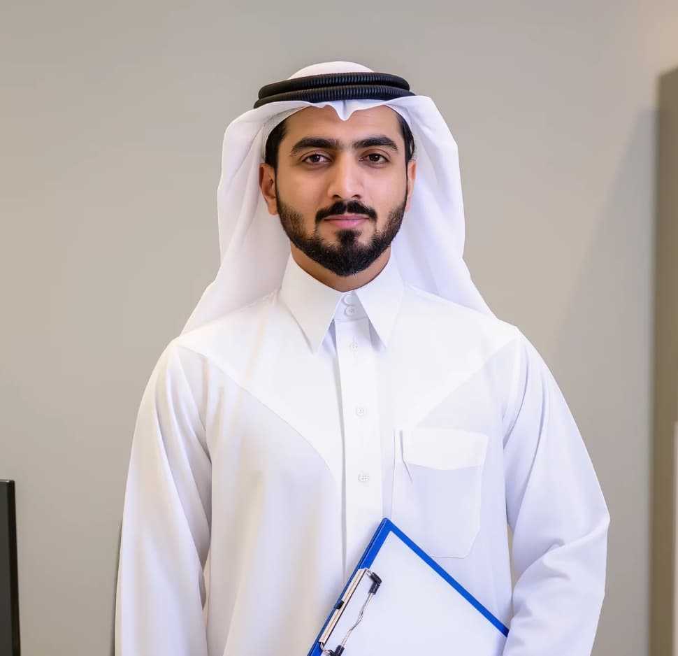 رجل ملتح يرتدي الثوب الأبيض والغترة التقليدية، ممسكاً بلوحة كتابة زرقاء أمام خلفية محايدة.